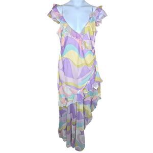 ASOS Design pastel kawaii ruffle asymmetric maxi dress in abstract print‎ 14